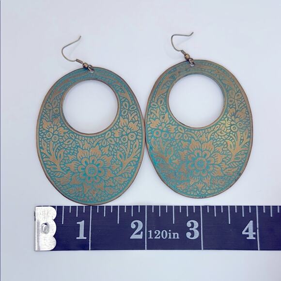 Francesca’s Boho Chic Teal and Bronze Floral Hoop Earrings - Picture 6 of 7